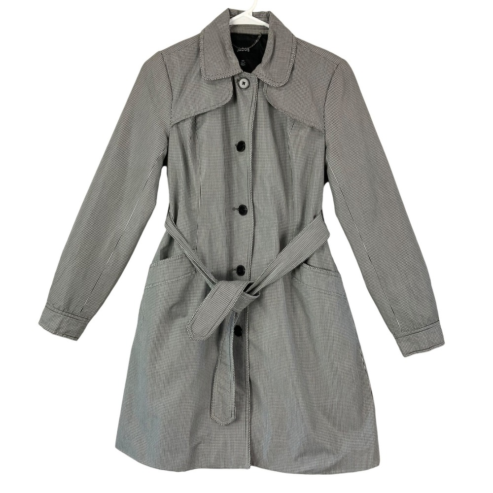Jacob Womens Gingham Trench Coat Black White Belted Button Front Collared Size S
